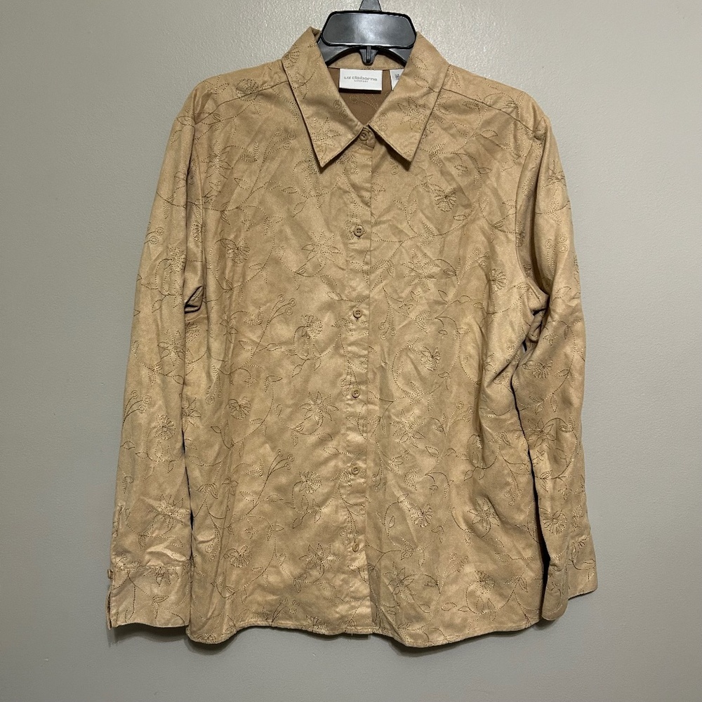Liz Claiborne Blouse L Tan Brown Long Sleeve Button Up Floral Embroidered Suede